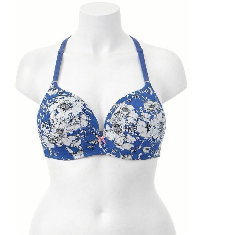 Cacique 44B Bra Blue Floral Simply Wire Free Plunge Lace Back NEW